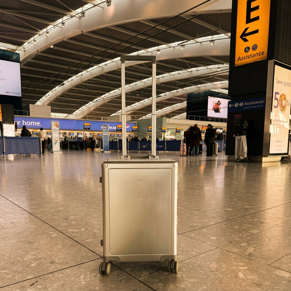 A premium Loure travel suitcase at Heathrow Airport